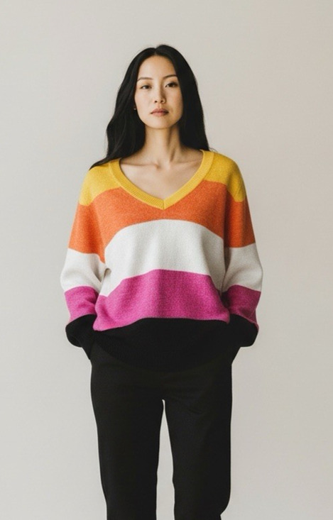 Lane Bryant Sweaters - Lane Bryant Classic V-Neck Tunic Striped Orange Yellow Pullover Sweater 14/16